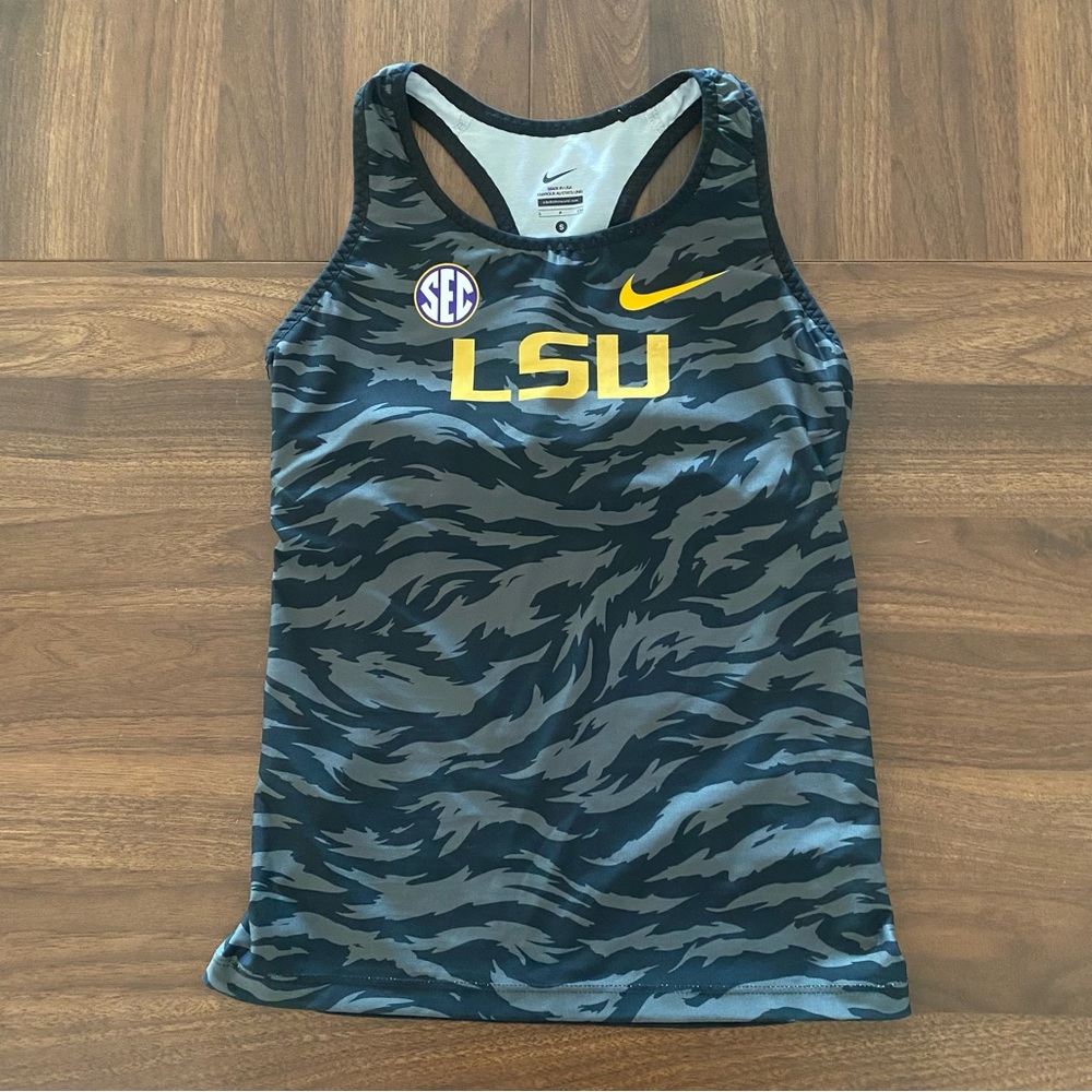 Nike LSU Black & Gray Camo Racerback Tank Top with Yellow Logo